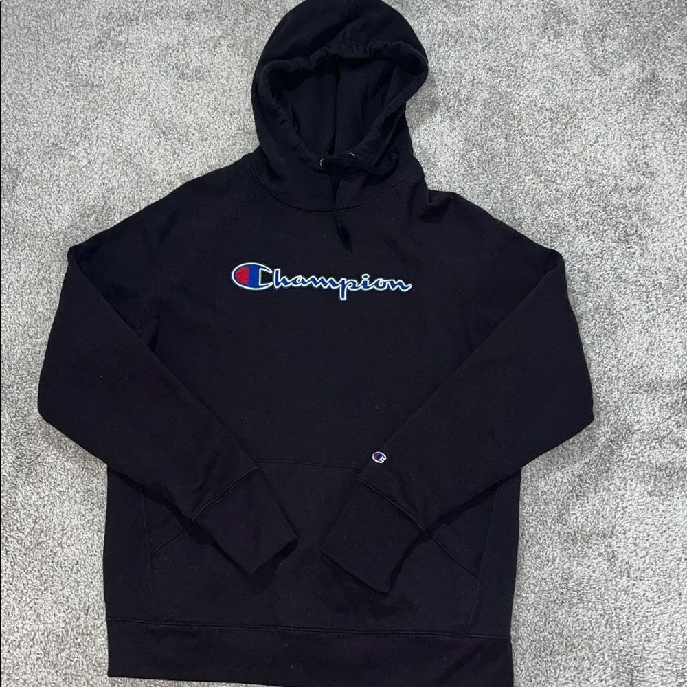 Black Sewn Champion High Neck Fleece hooded hoodie pullover sweatshirt M